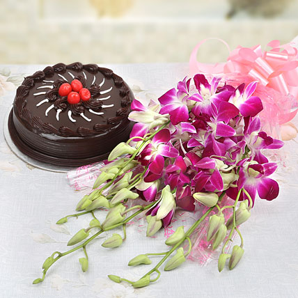 6 purple orchids with a delicious 500gm truffle cake