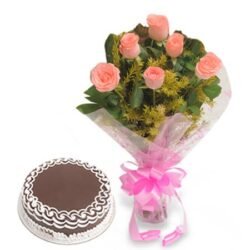combo pink roses with cake